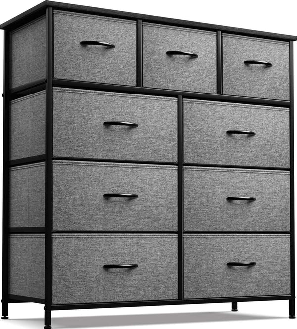 Dresser with 9 Drawers - Furniture Storage Chest Tower Unit for Bedroom, Hallway, Closet, Office Organization - Steel Frame, Wood Top, Easy Pull Fabric Bins (9 Drawers, Black)